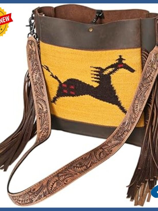 Handbags - Genuine Leather Messenger Bag with Floral Carving Fringes Western Style